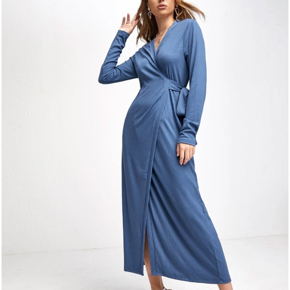 Ribbed Knit Wrap Knot Side Dress - Picture 1 of 9